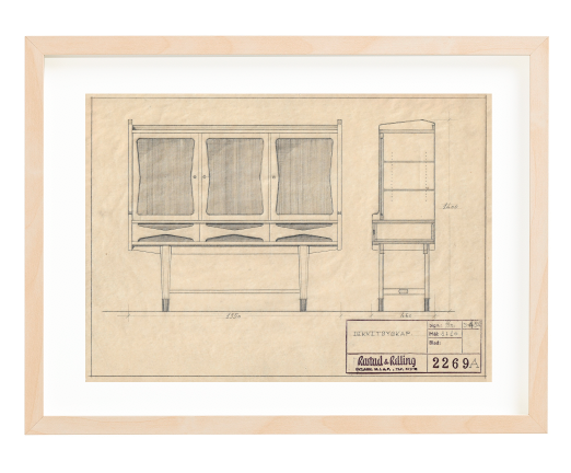 Sideboard by Torbjørn Bekken. Signed 1954. Made for Gustav Bahus. Ca. A4 size. Pencil. Mounted on 30x40 cm backing board. Price NOK 4000.