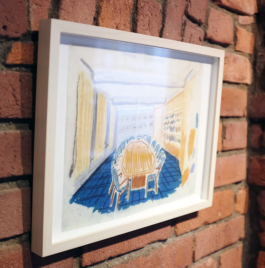 Fredrik Kayser. Pastel. Interior for Kristiania Folkebank, Oslo. 1946. Ca. A4 size. Mounted on 30x40 cm backing board. PRICE NOK 3000.