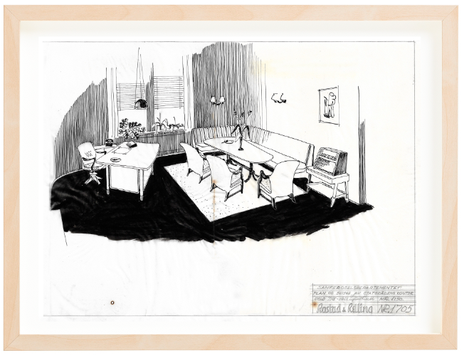 Samferdselsdepartementet. Statsrådens kontor. 1951. Drawing by Sigurd Resell. Black marker. Mounted on 40x50 cm backing board. Price NOK 6000. SOLD