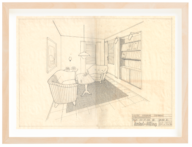 Viking Shipping Company, 1952. Large drawing by Fredrik Kayser. Pencil. Mounted on 40x50 cm backing board. Price NOK 6000.