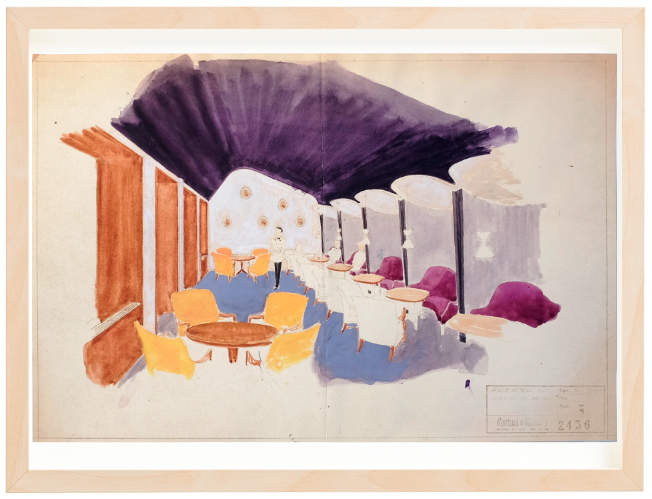 Grand Hotel Oslo. 1953. Drawing by Torbjørn Bekken. Watercolors. Ca. 48x32 cm. Mounted on 40x50 cm backing board. Price NOK 6000.