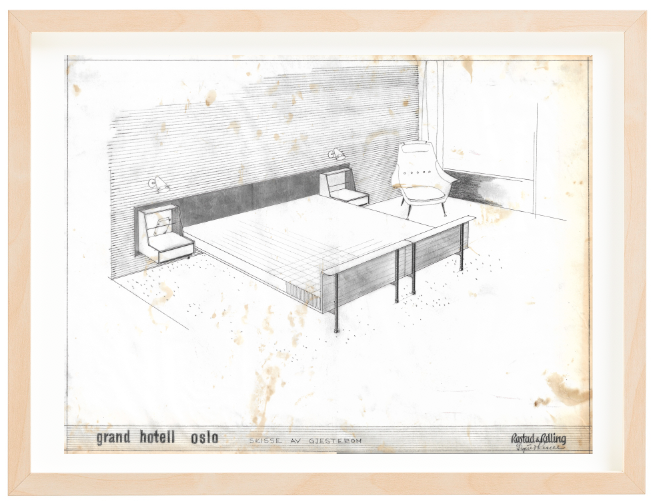 Grand Hotel Oslo. 1950s. Skisse av gjesterom. Drawing by Sigurd Resell. Pencil. Mounted on 40x50 cm backing board. Price NOK 5000.