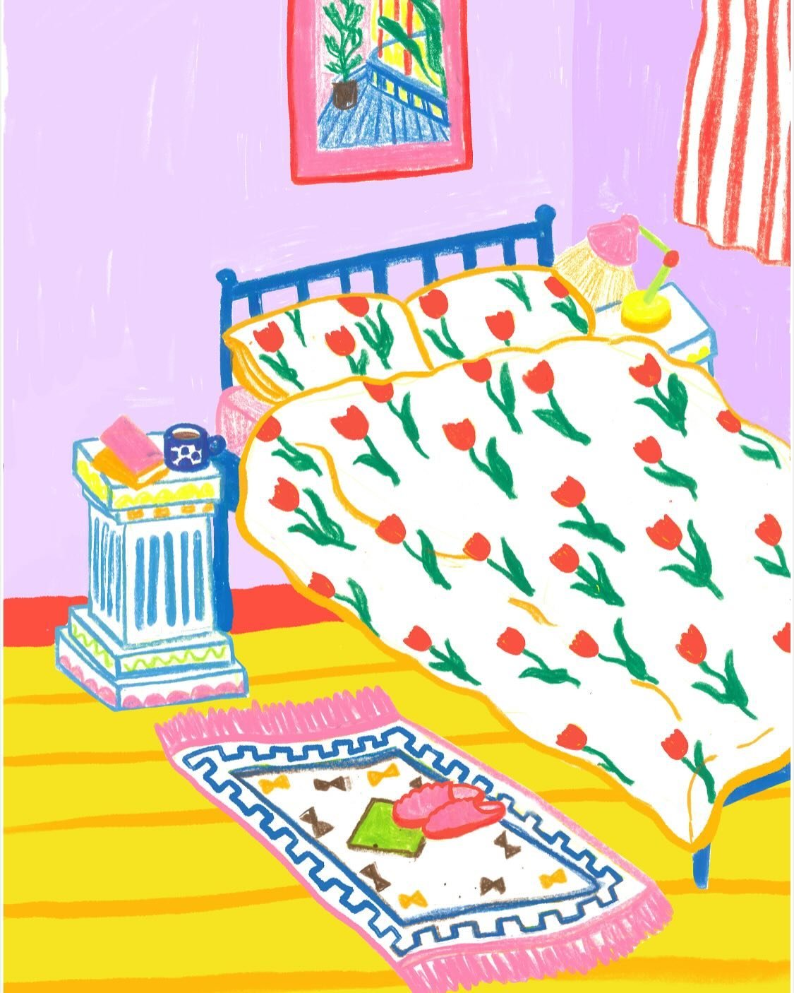 Drawing of my cosy bed with the most excellent @dusendusen 🌷 duvet cover ✍🏼 This is the January illustration in my 2025 calendar because we all know bed is where we want to be in Jan not at the gym 💤 💖