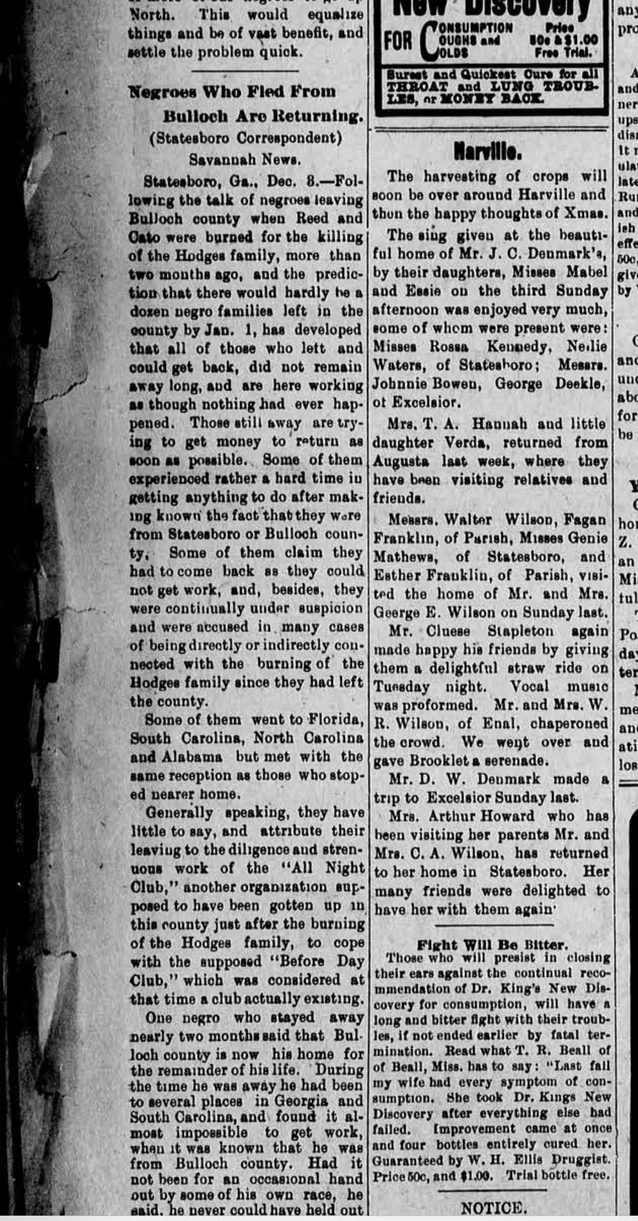 "Negroes Who Fled From Bulloch Are Returning."