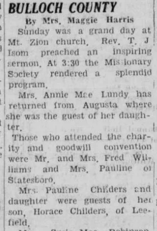 "OUT OF TOWN NEWS: BULLOCH COUNTY" By Mrs. Maggie Harris