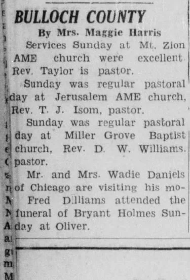 "OUT OF TOWN NEWS: BULLOCH COUNTY" By Mrs. Maggie Harris