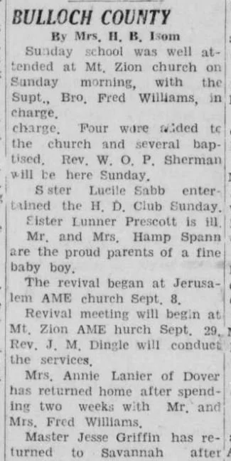 "OUT OF TOWN NEWS: BULLOCH COUNTY" By Mrs. H. B. Isom