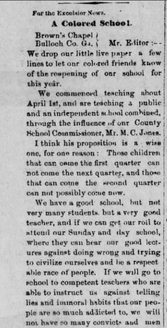 "A Colored School. Brown's Chapel, Bulloch Co. GA."