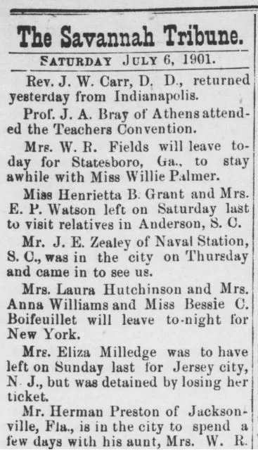 "Mrs. W. R. Fields will leave today for Statesboro..."