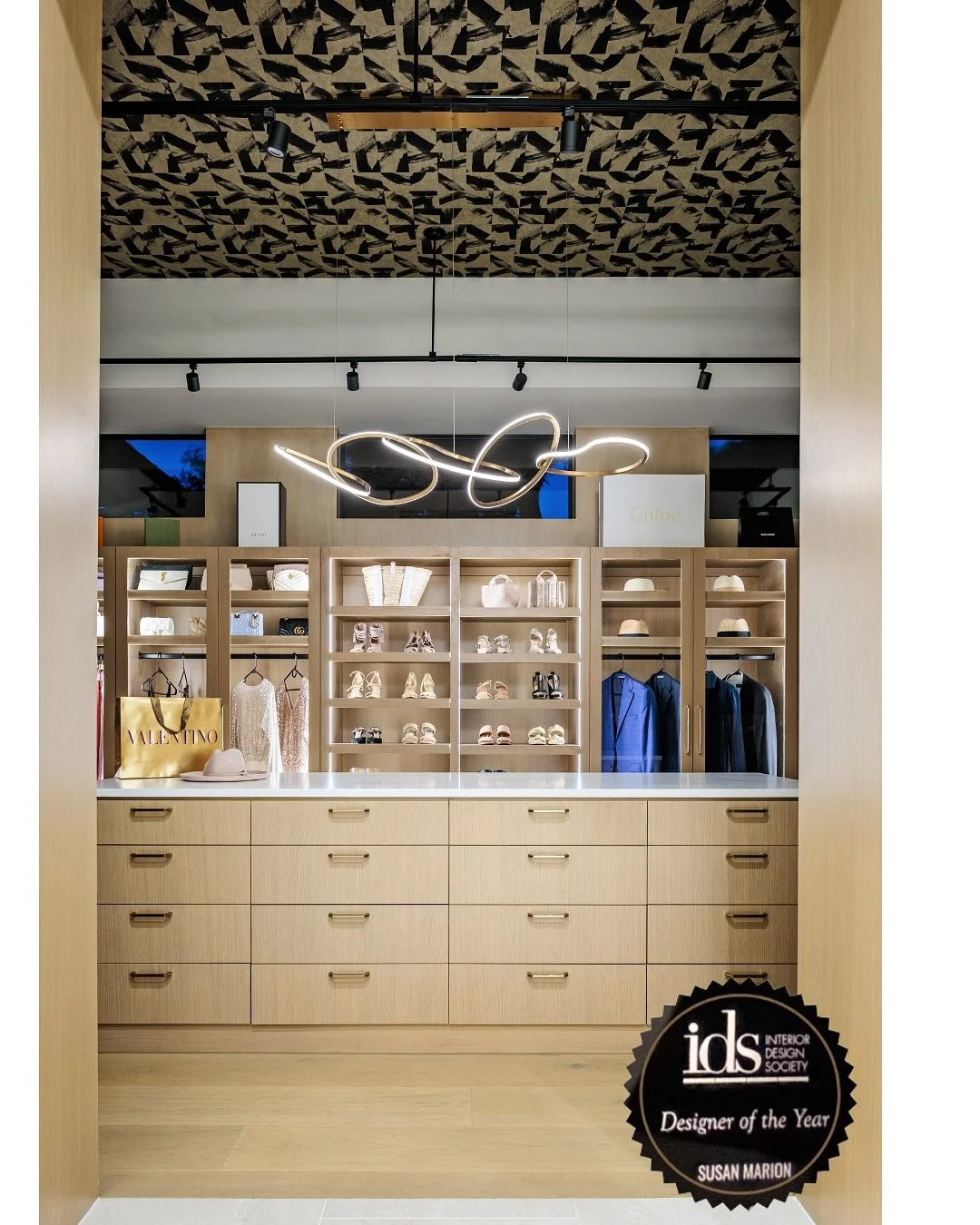 Our Westlake master closet was awarded 1st Place at the IDS National Designer of the Year Awards in New Orleans From the sculptural led lighting to the custom rift oak cabinetry (and yes, that statement Philip Jeffries ceiling!) &mdash; every detail 