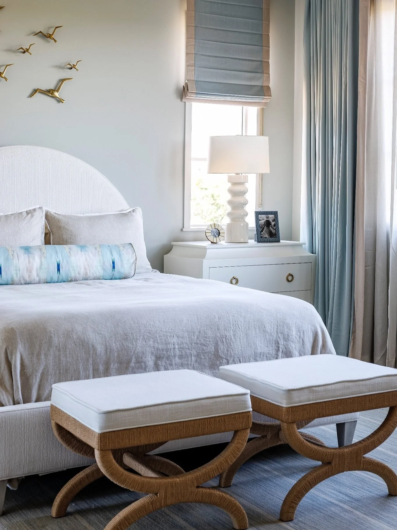 This space is soft, serene, and perfectly tailored. We call it our Sea Salt Suite. Our clients daughter provided a mood board of what she liked and we brought it to life. Layers of texture, soothing blues, and gentle light make it a space she&rsquo;l