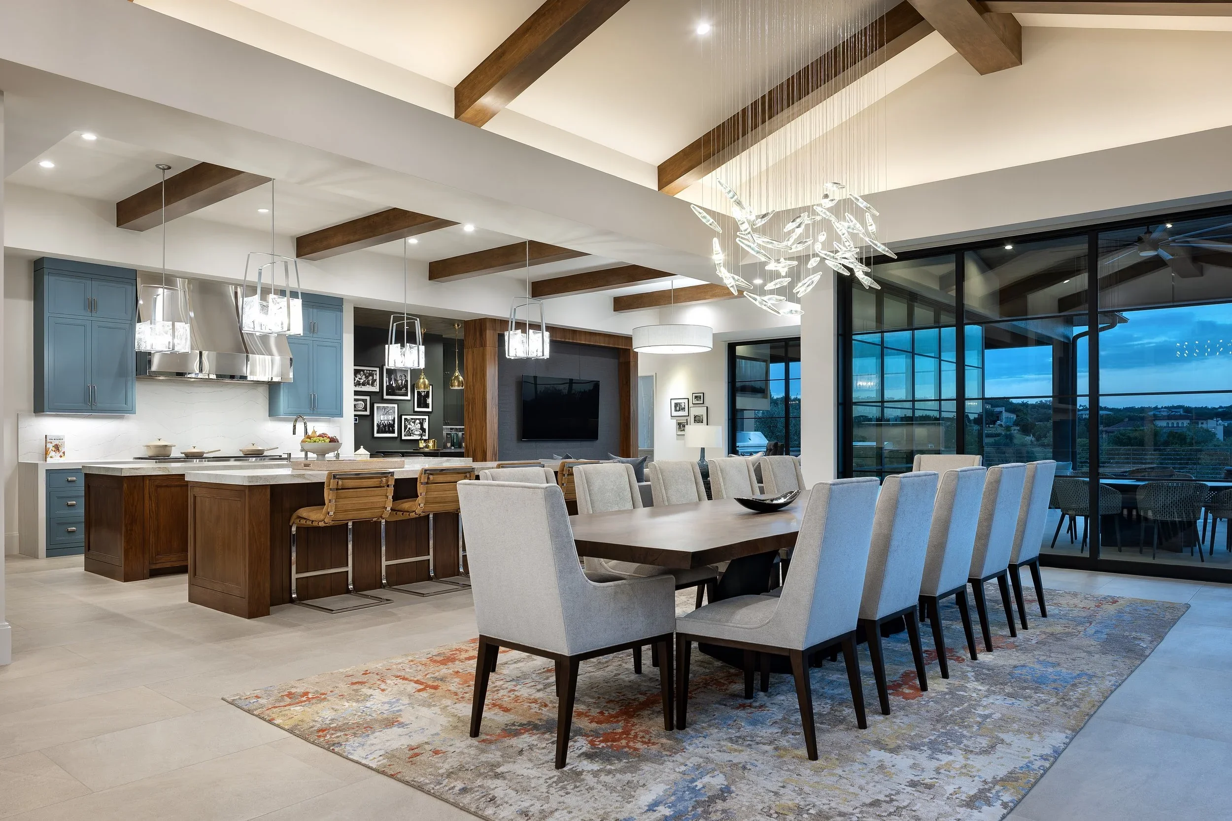 Hillside Court kitchen and dining room with custom furnishings by Marion Interior Design.