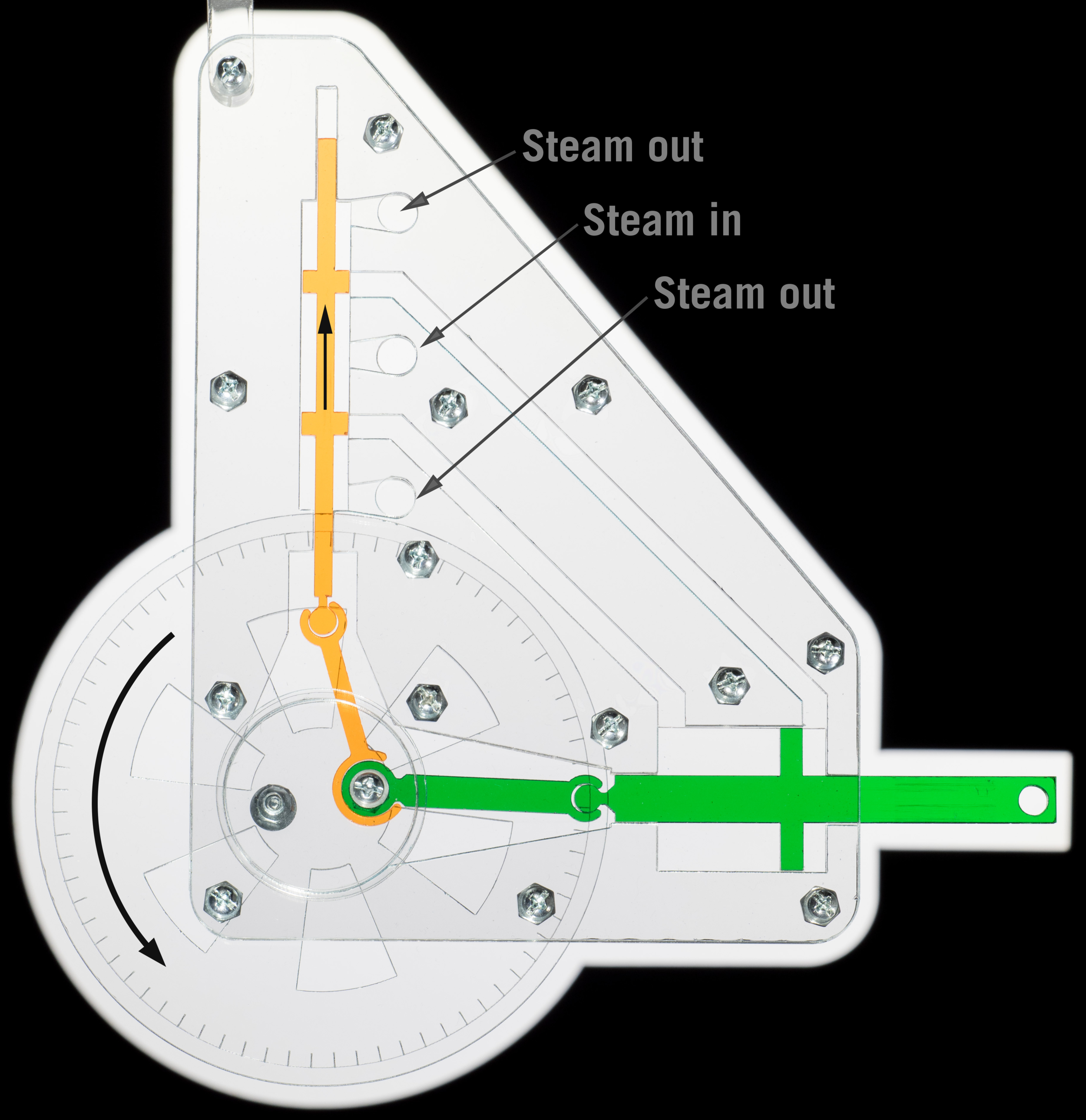 2) Piston has come to rest on the right end of the cylinder, and steam flow is briefly stopped while the valve core is moving rapidly upwards.
