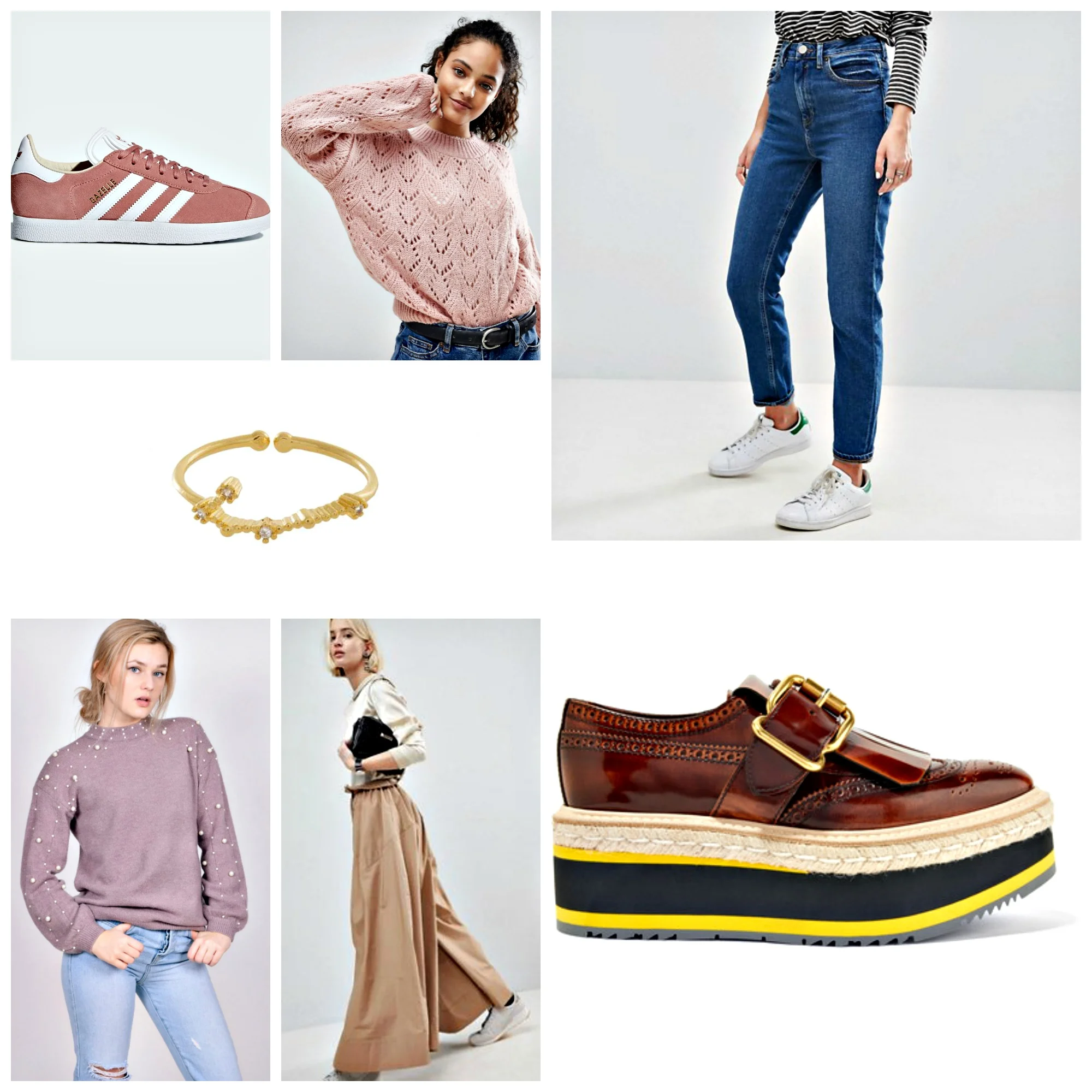 From top left to right clockwise: Adidas Original Gazelle, Nobody's Child Relaxed Textured Knit Jumper, Asos Farleigh Mom Jeans, Prada Platform Brogues, Asos WHITE High Waist Wide Leg Trouser, Mod & Soul Lavender Pearl Sweater Wanderlust & Co Gemini Zodiac Ring in Gold