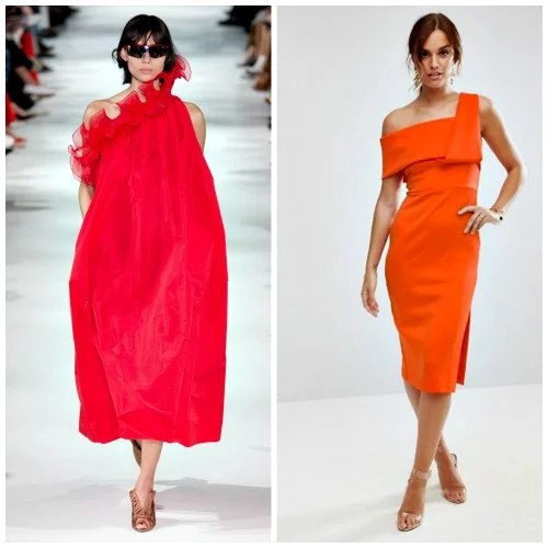 Right: Stella McCartney Spring 2018 Ready To Wear Collection Left: Asos One Shoulder Fold Scuba Dress, $72
