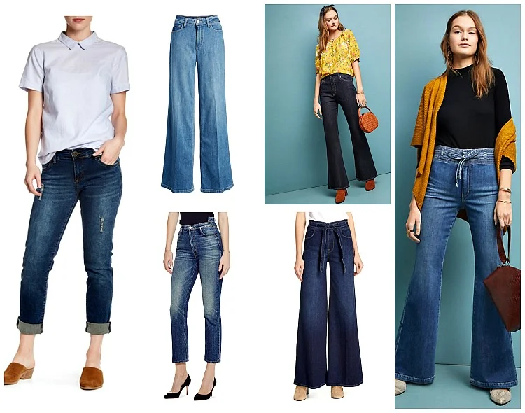 From left to right: KUT for the Kloth Katy Boyfriend Jeans, $40 nordstromrack.com ; Paige Sutton High-Rise Wide Leg Jeans (Kendra) sold out, similar pair sold here at Anthropologie.com; AG The Quinne High-Rise-Flare-Jeans, $215, Anthropologie.com ; Joe’s the High-Rise Flare Jeans, $208, Anthropologie.com ; FRAME Belted Palazzo Jeans, $250, nordstrom.com ; MOTHER The Dazzler Shift High Waist Ankle Jeans; $268, nordstrom.com