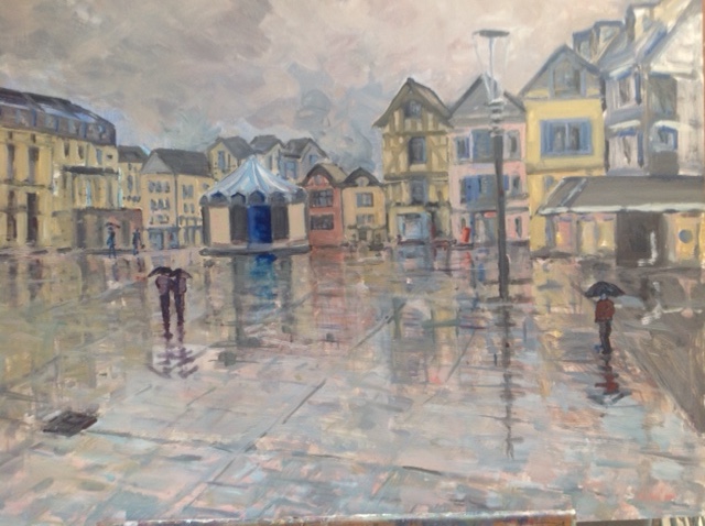 Heavy Rain Troyes market square. Oil on Board. SOLD