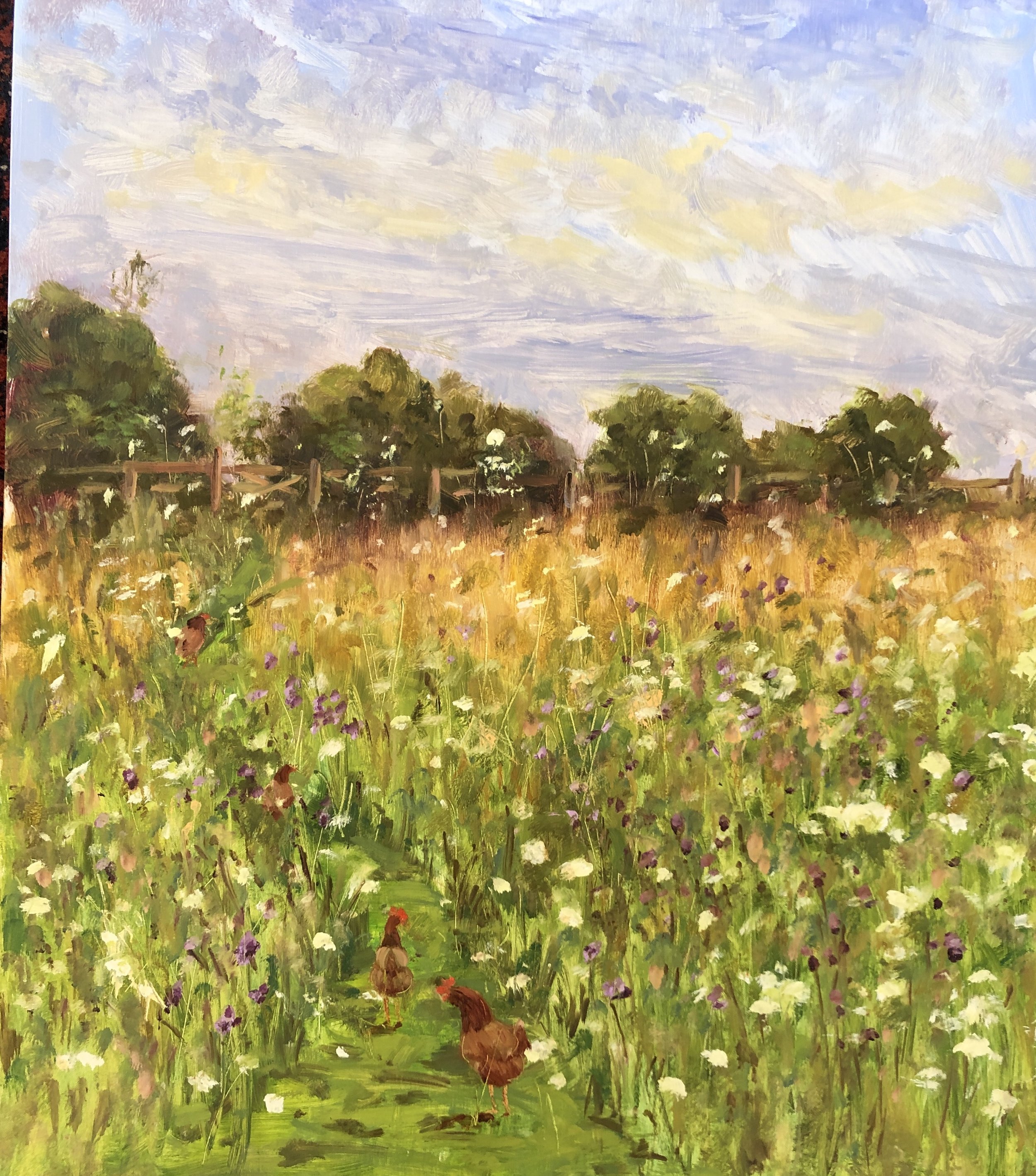 Free range hens at Shelley. oil on canvas 50x70cm SOLD