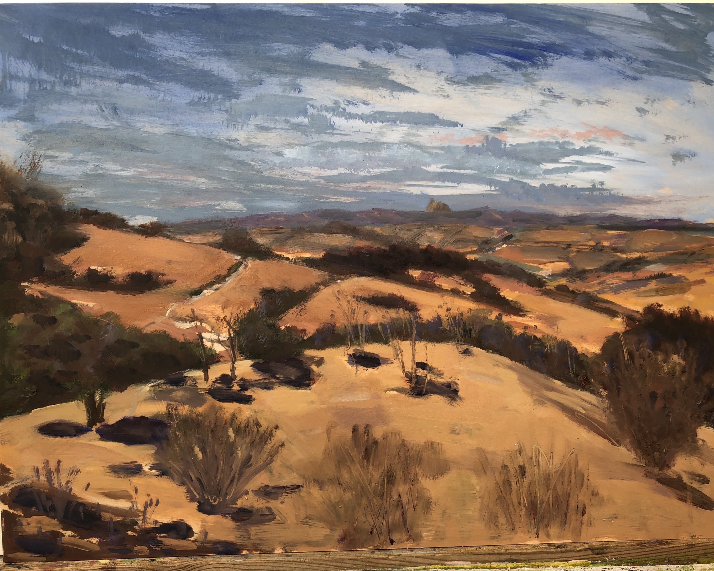Evening light Gibraltar in the far distance oil on maple board SOLD