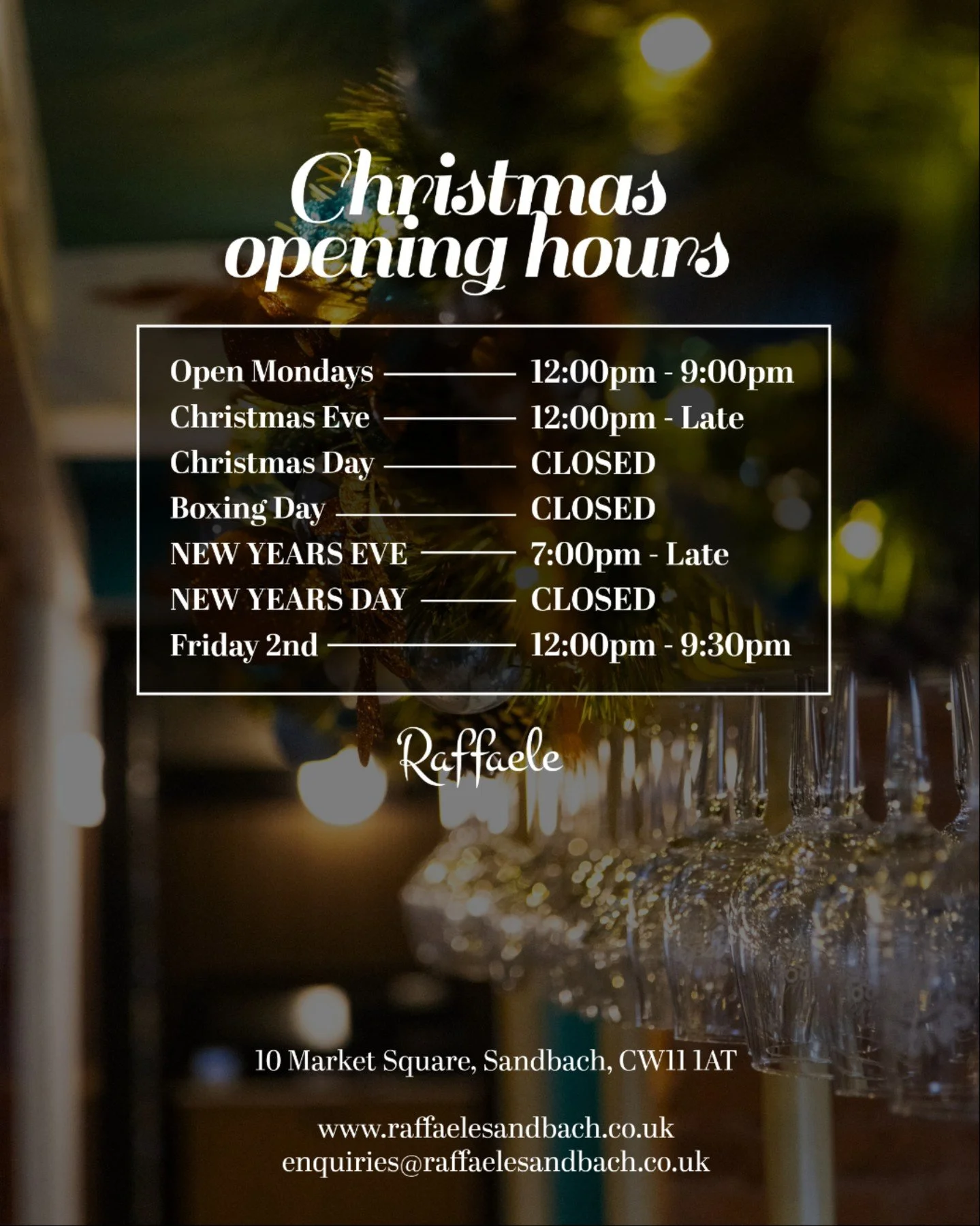 We sure are busy this festive season!

Here's our Opening hours over the next few weeks.

Thank you for choosing to spend time with us this December!

. 
📞01270 390045 for reservations 
#italianuk #italianpizza #sandbach #alderleyedge