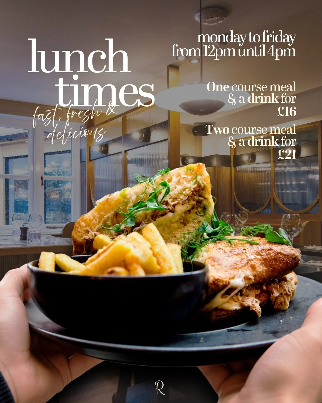 Lunch plans sorted. 🍽️

Join us Monday to Friday, 12pm until 4pm, for fresh, delicious lunch and a drink.

One course + a drink &pound;16
Two courses + a drink &pound;21

Perfect for a quick lunch, a catch up or an excuse to make the most of your af