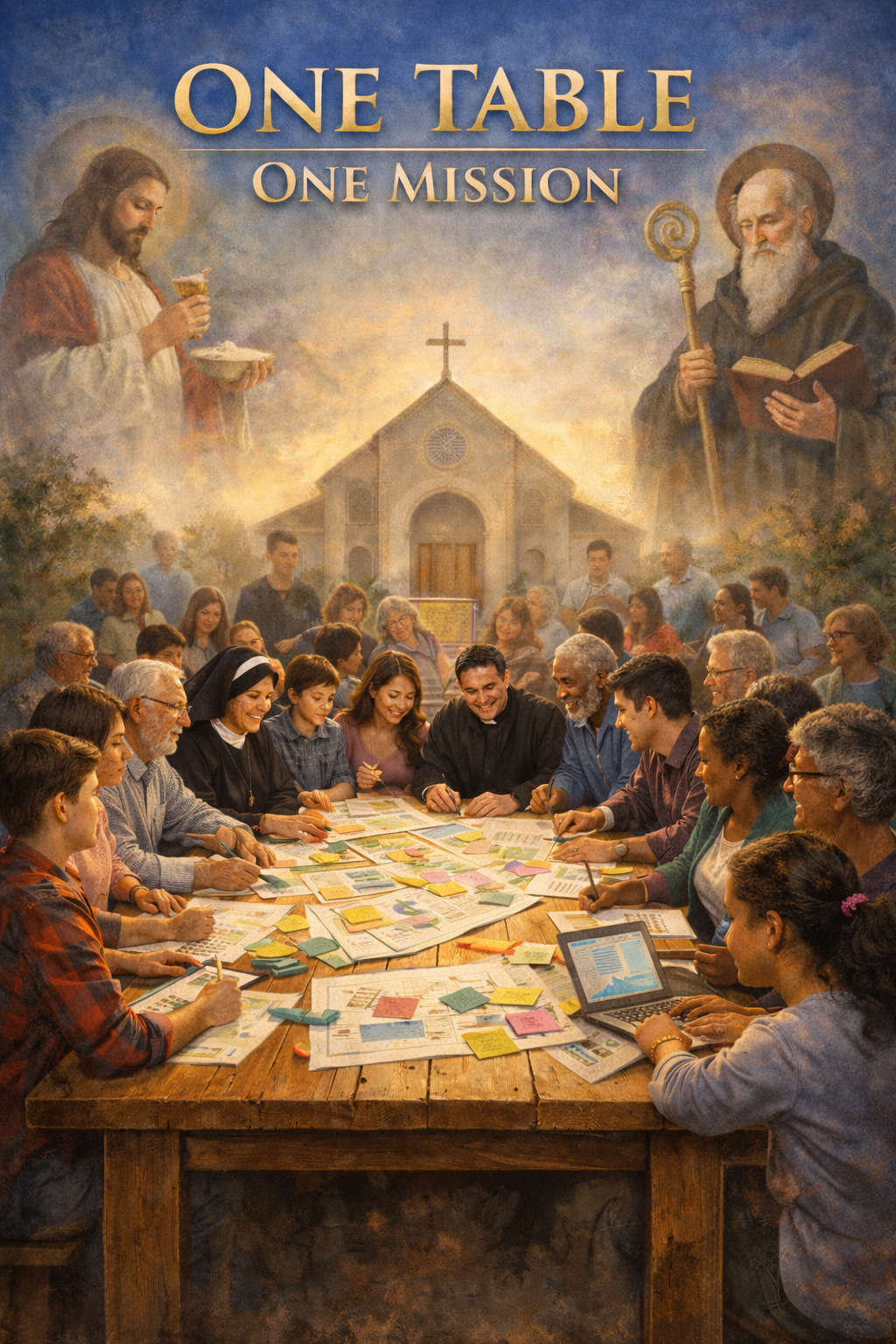 Religious community planning around a table beneath artwork of Jesus and St. Benedict, with a church in the background and the words “One Table, One Mission.”