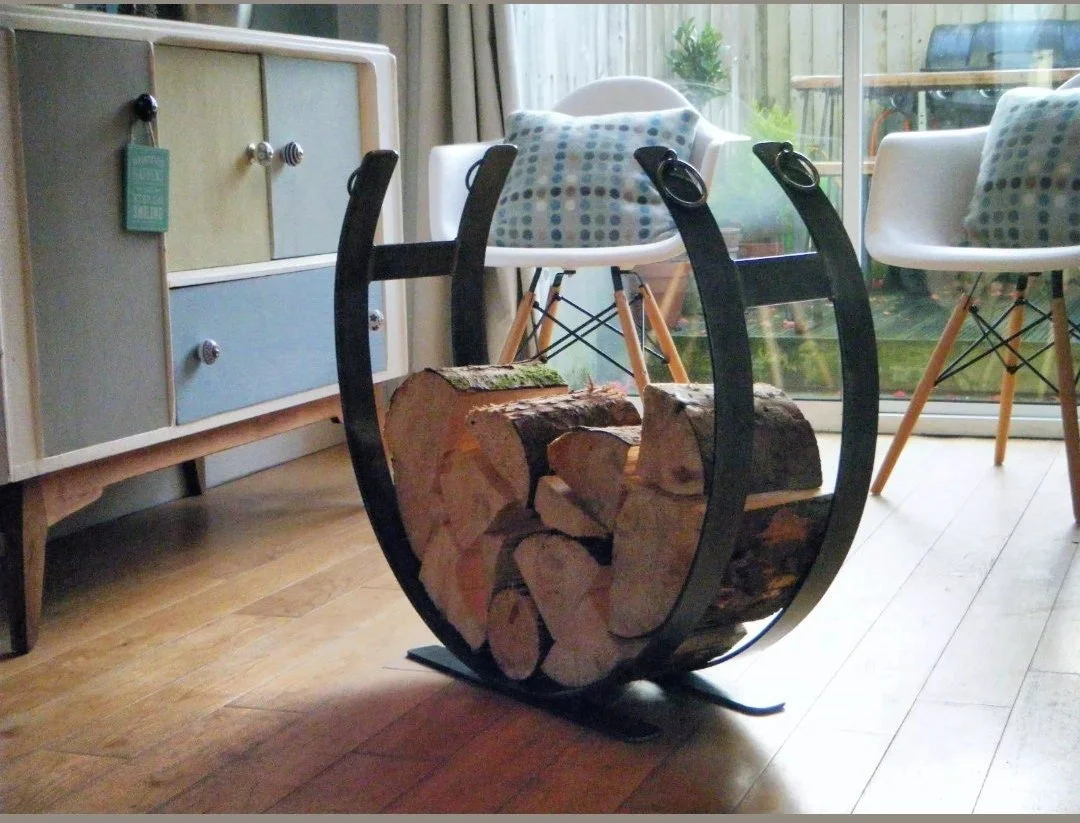Wrought iron log holder, metal log basket, log storage, horseshoe log holder,  fireside log holder — Iron Cymru