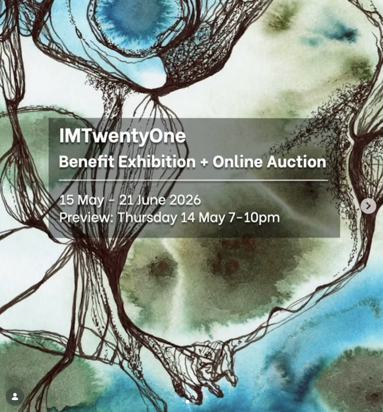 Promotional flyer for IMTwentyOne at IMT Gallery, a benefit exhibition and online auction featuring Harri Harrison and a large group of contemporary artists. The flyer includes exhibition dates, auction information, and an artwork by Adam Chodzko.