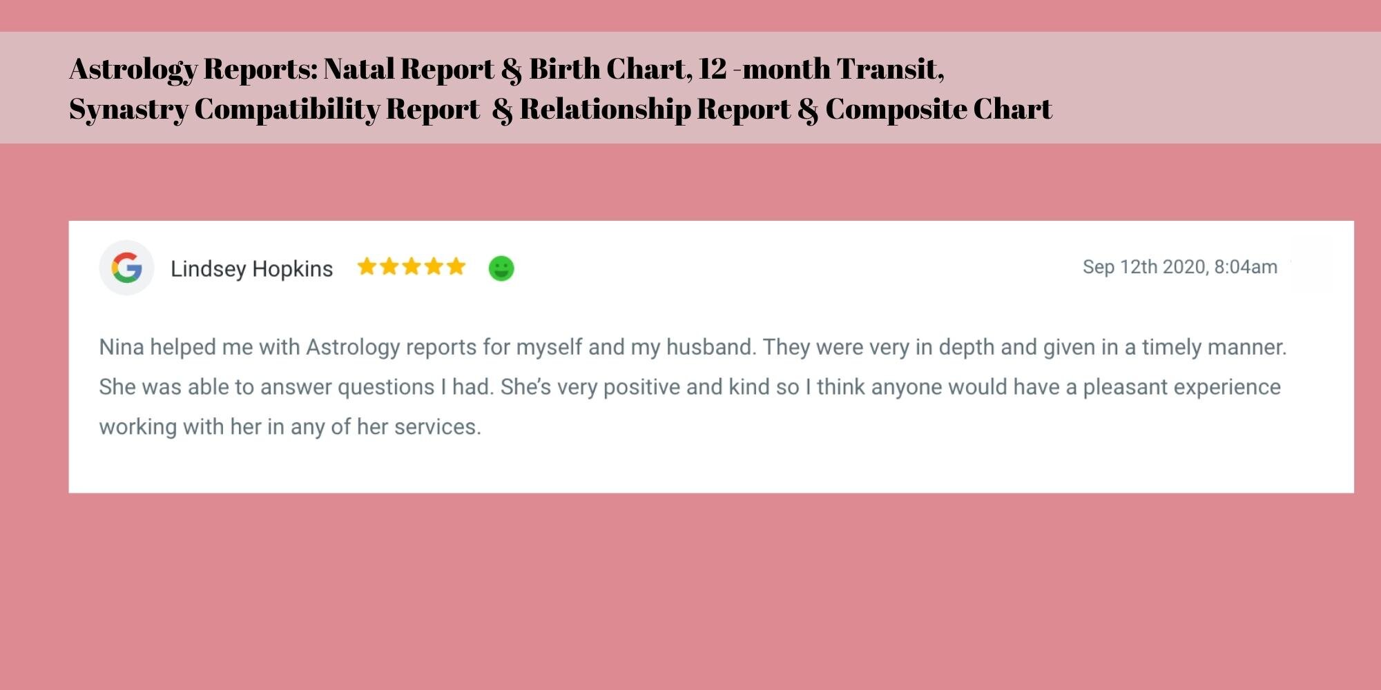 Lindsey - Astrology Reports: Natal Report and Birth Chart, 12 -month Transit, Synastry Compatibility Report  and Relationship Report & Composite Chart
