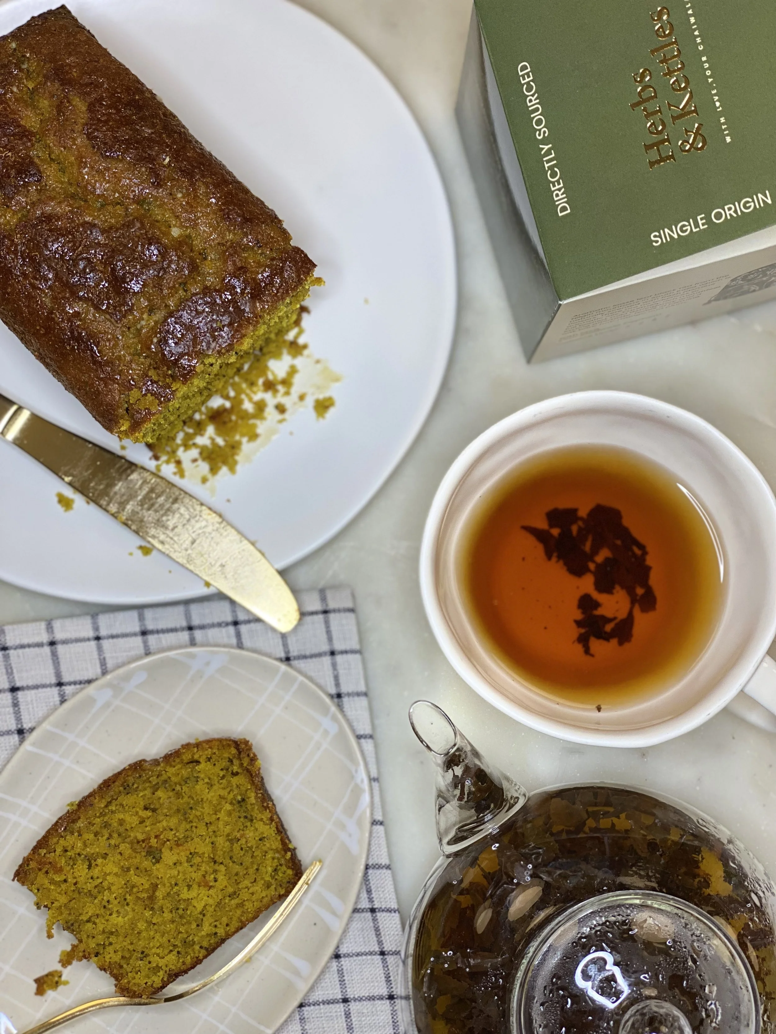 Herbs & Kettels Calming Golden Latte,  Citrus, Olive Oil Poppyseed Small Loaf: (Gluten /Dairy /Refined Sugar/ Nut /Soy free)