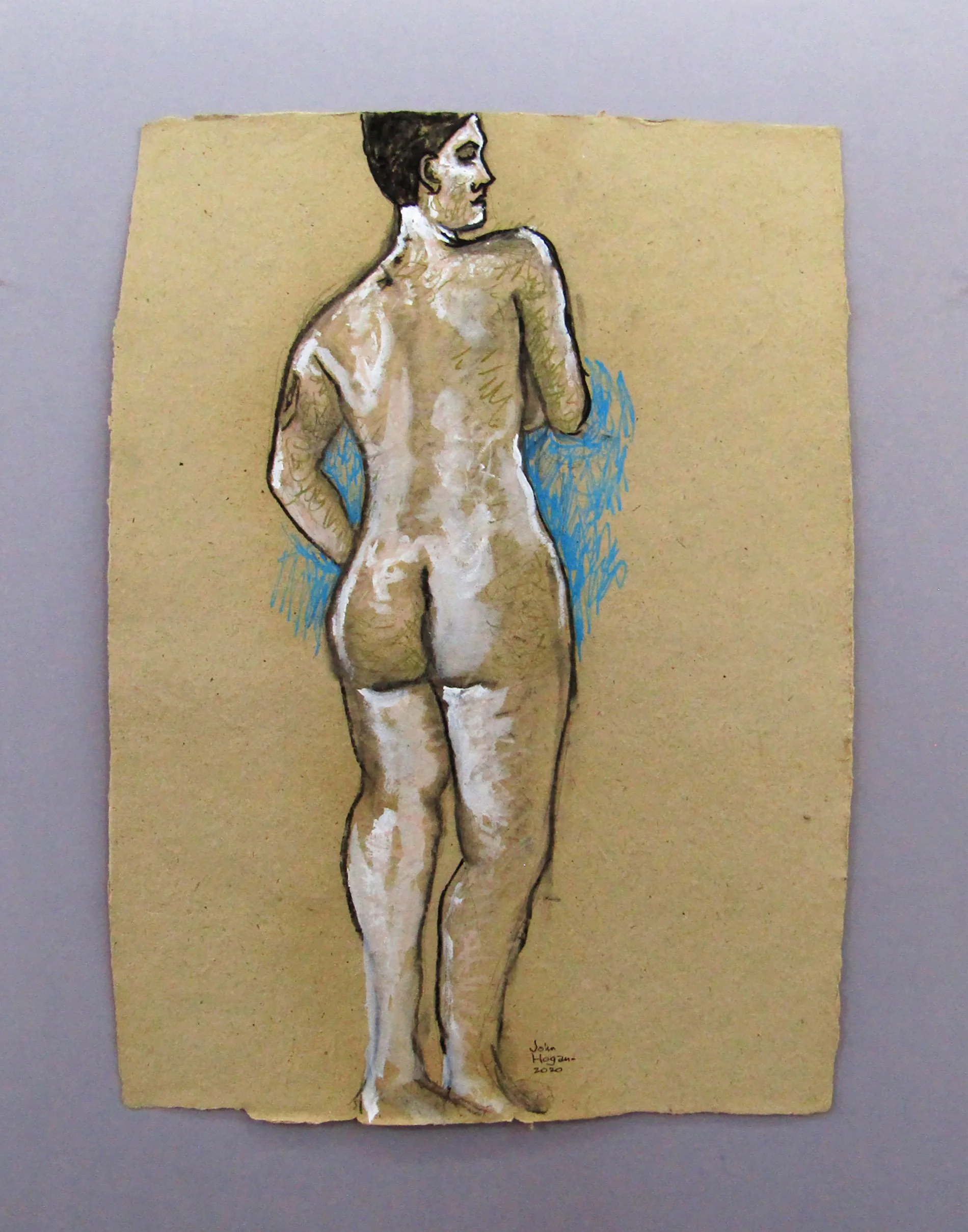 charcoal sketch on handmade paper features a standing model with her back toward the viewer, interesting blue areas of acrylic paint draw the viewer in