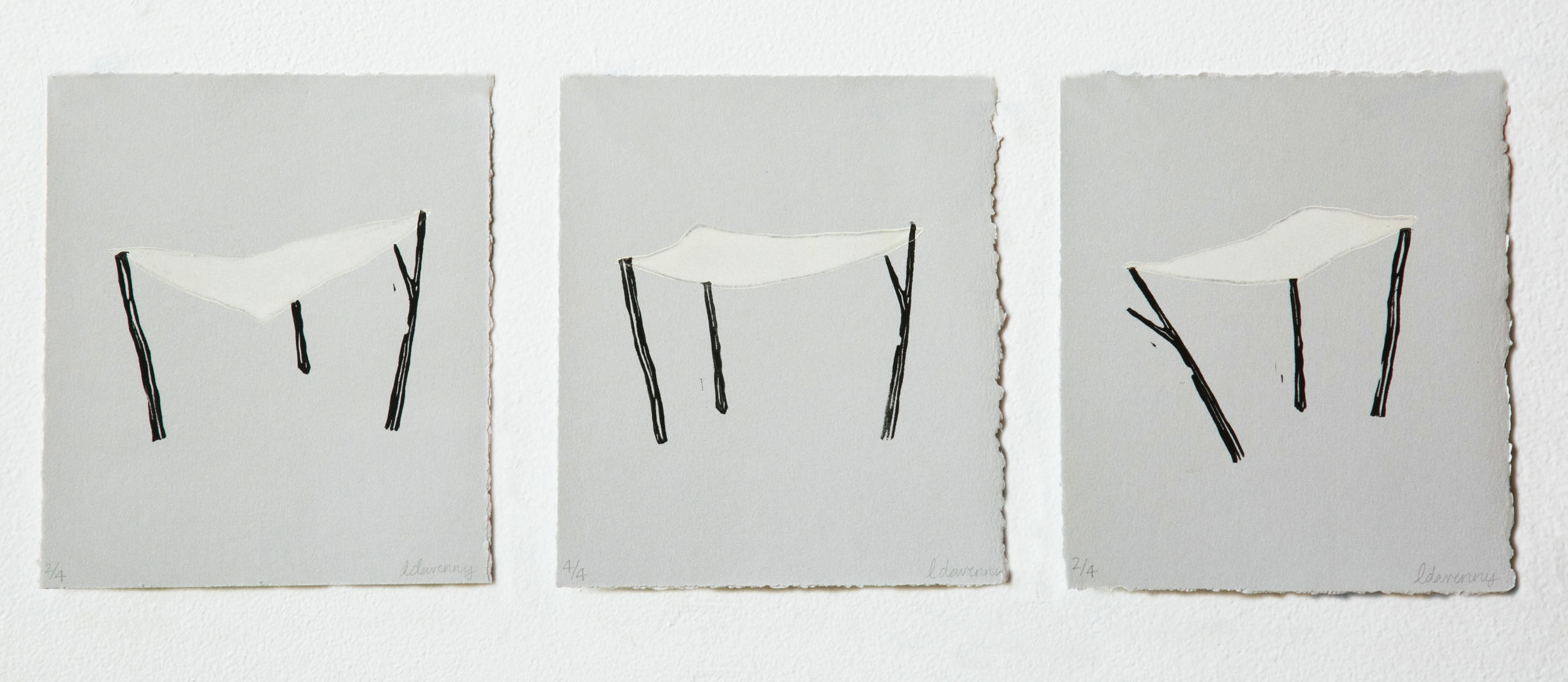   a place to stay dry    triptych relief monoprint,  2019  6 x 7 in. 