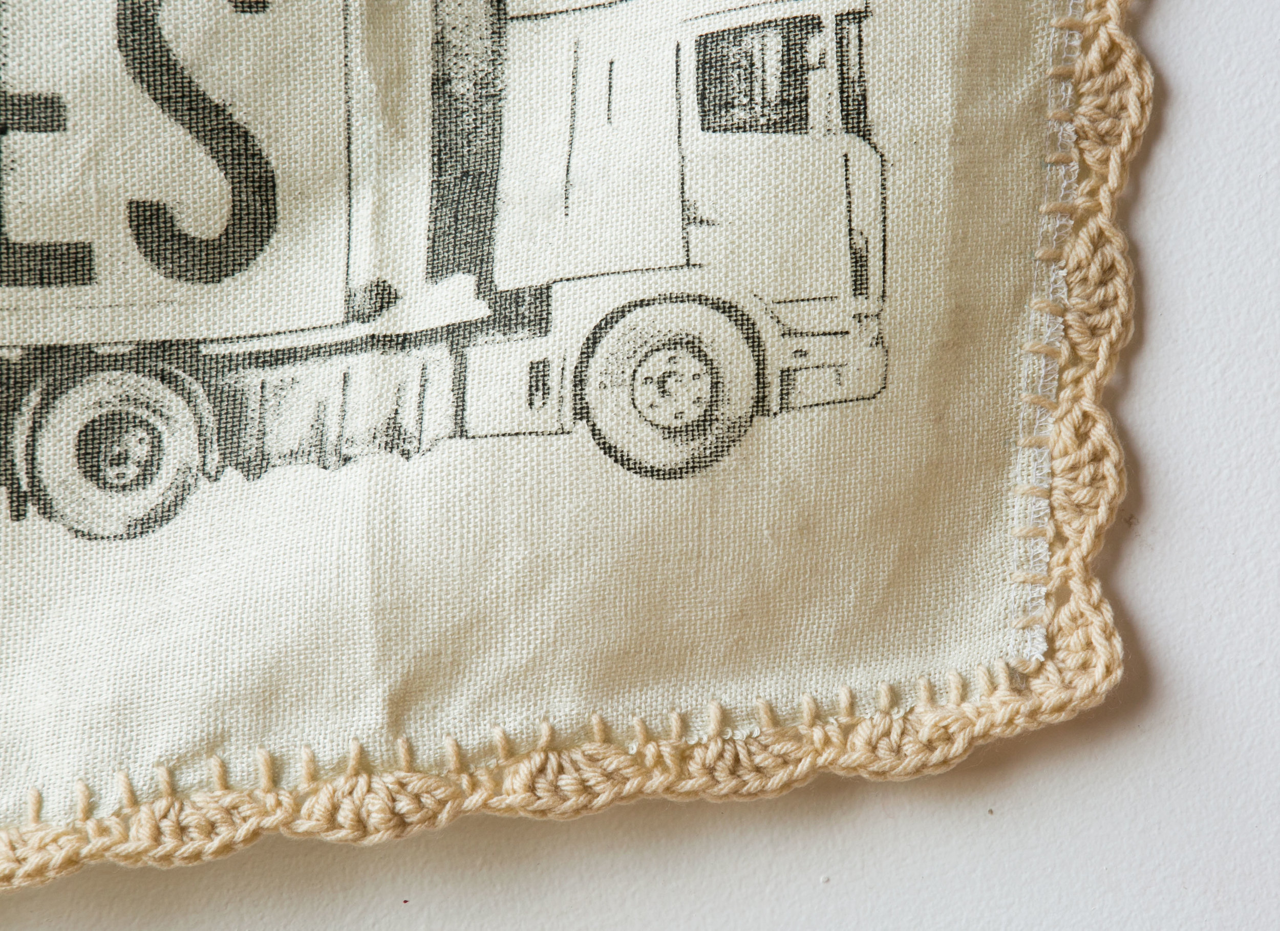   jesus saves  detail  lithograph on handwoven linen, 2018  26 x 10 in. 