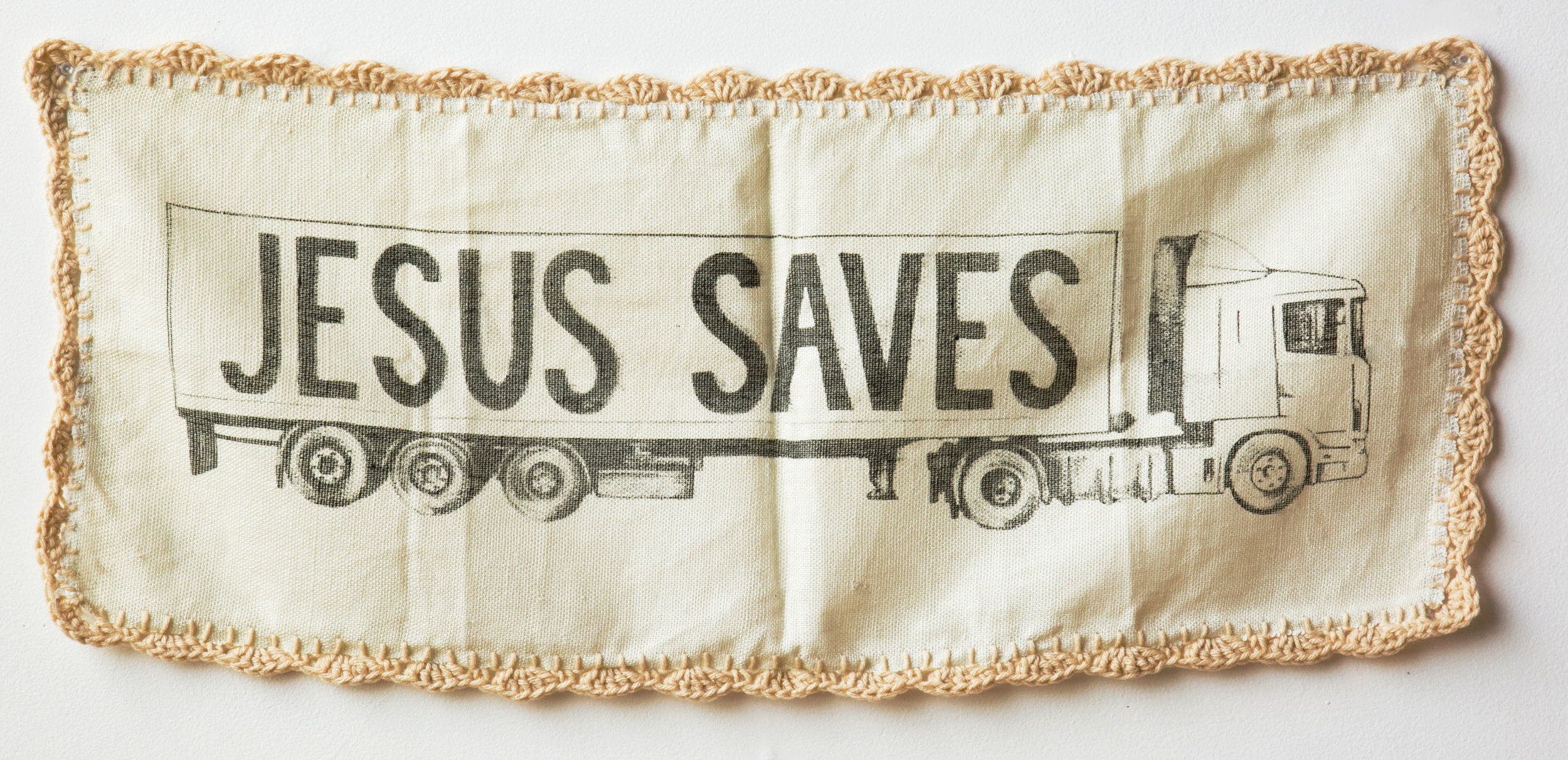   jesus saves   lithograph on handwoven linen, 2018  26 x 10 in. 
