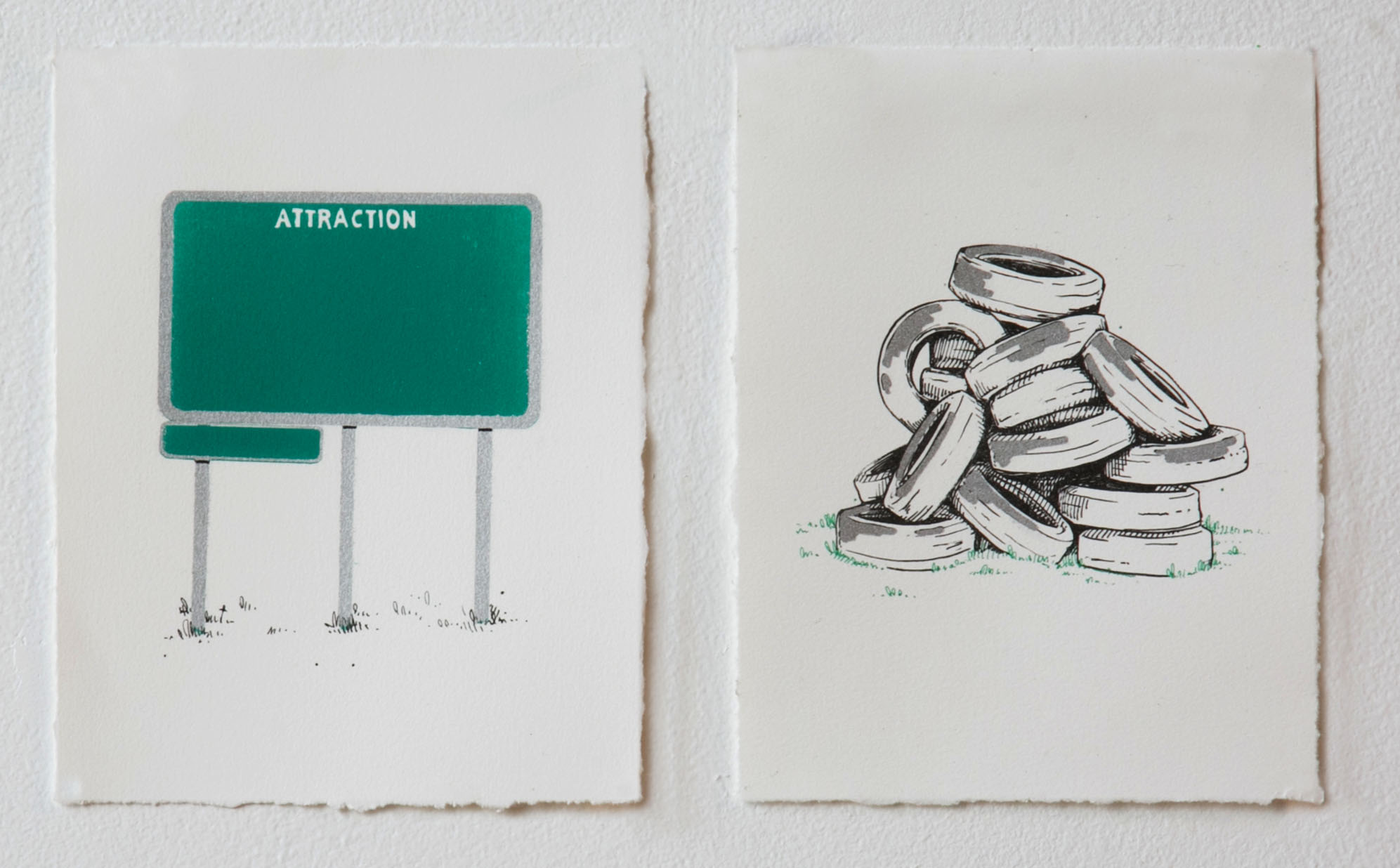   roadside attractions 3 + 4   color lithograph with silver dusting, 2018  diptych, 7 x 9 in. each 