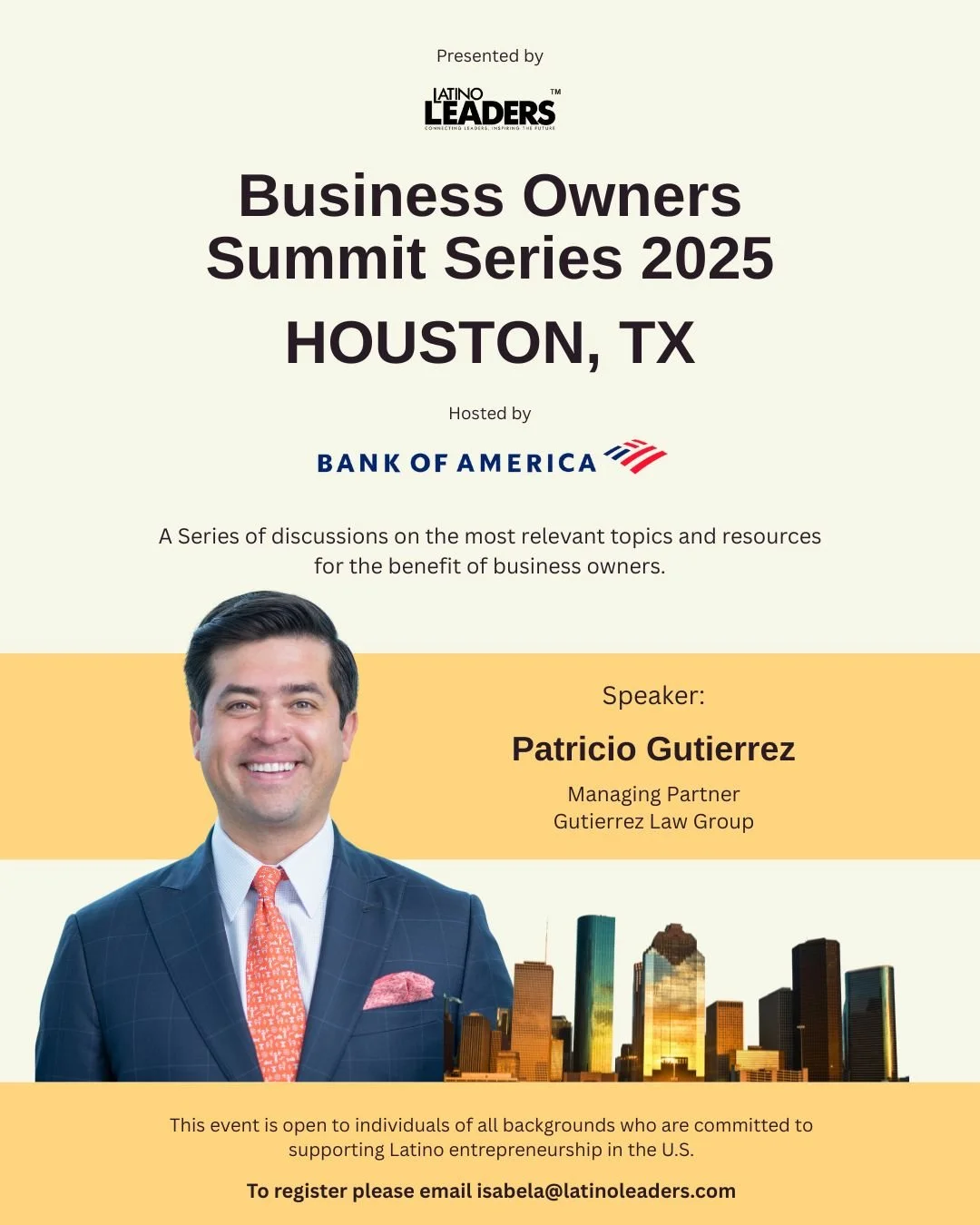 We&rsquo;re proud to welcome Patricio Gutierrez, Managing Partner at Gutierrez Law Group, as one of our featured speakers at the Business Owners Summit Series 2025 &ndash; Houston.

Patricio is a seasoned corporate and international lawyer who advise