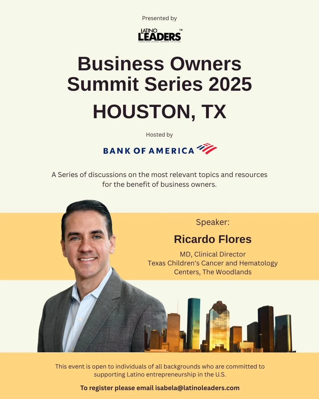 We&rsquo;re proud to welcome Dr. Ricardo Flores, MD, Clinical Director at Texas Children&rsquo;s Cancer and Hematology Centers &ndash; The Woodlands, as a featured speaker at the upcoming Business Owners Summit Series 2025 &ndash; Houston, hosted by 