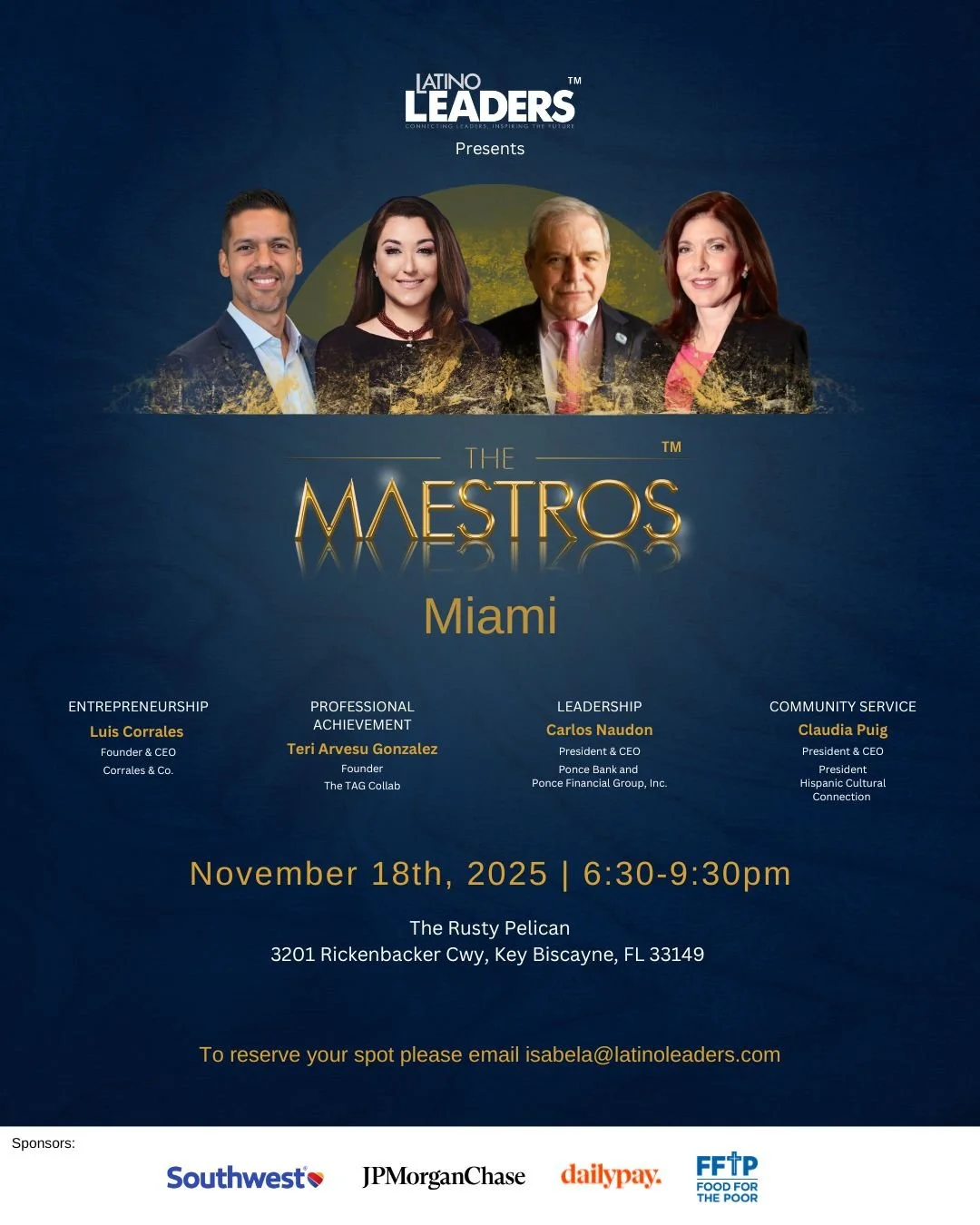 ✨ Tonight in Miami! ✨

We&rsquo;re thrilled to celebrate The Maestros&trade; Miami 2025, honoring exceptional leaders who continue to elevate and empower our community.

👏 Congratulations to our 2025 Maestros:
&bull; Luis Corrales &ndash; Entreprene
