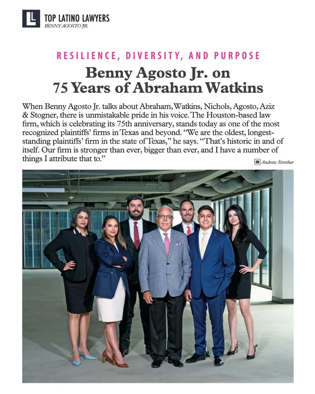 Resilience, Diversity, and Purpose. ⚖️
 In our Top Latino Lawyers Edition, we spotlight Benny Agosto Jr.&mdash;Managing Partner at Abraham Watkins&mdash;as he celebrates the firm&rsquo;s 75th anniversary and reflects on a legacy built on justice, lea