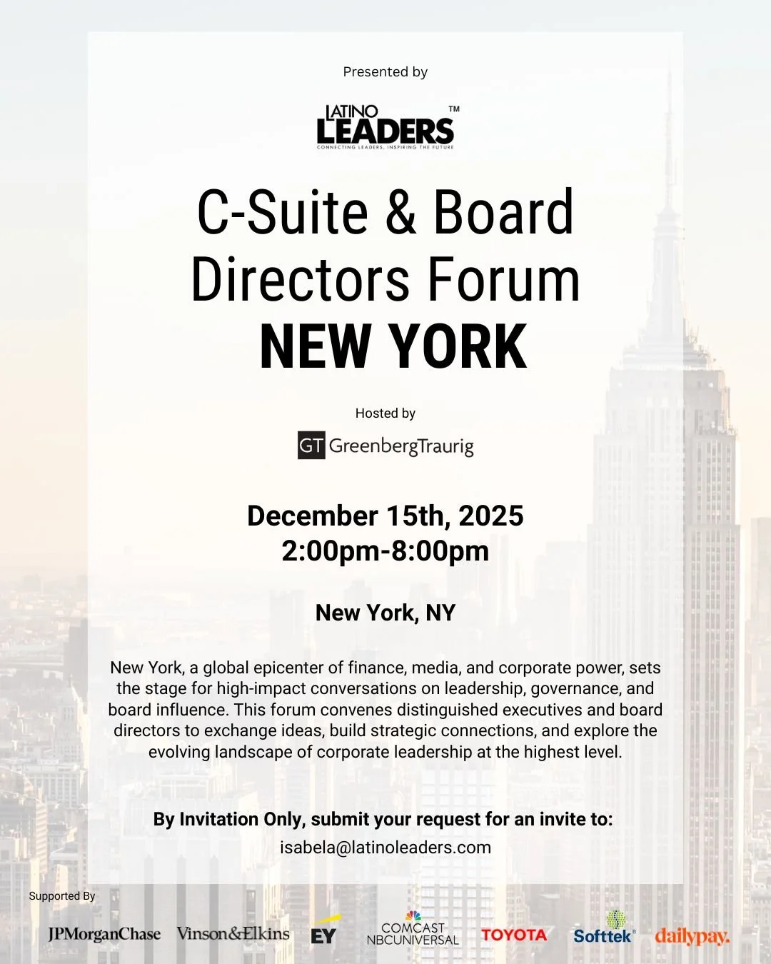 C-Suite &amp; Board Directors Forum New York 2025

New York, a global epicenter of finance, media, and corporate power, sets the stage for high-impact conversations on leadership, governance, and board influence. This forum convenes distinguished exe