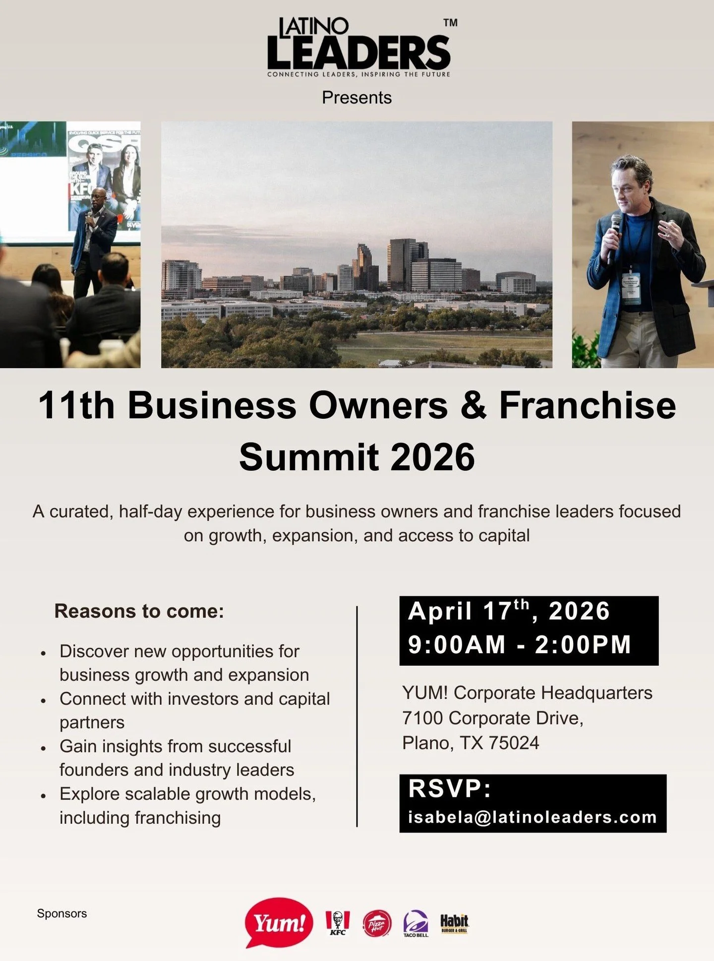 Latino Leaders invites you to join us in Plano, Texas, for the 11th Annual Latino Leaders Business Owners Summit, now in its second year merged with the Business Owners Summit, following the continued success of the Latino Franchise Symposium.

Desig