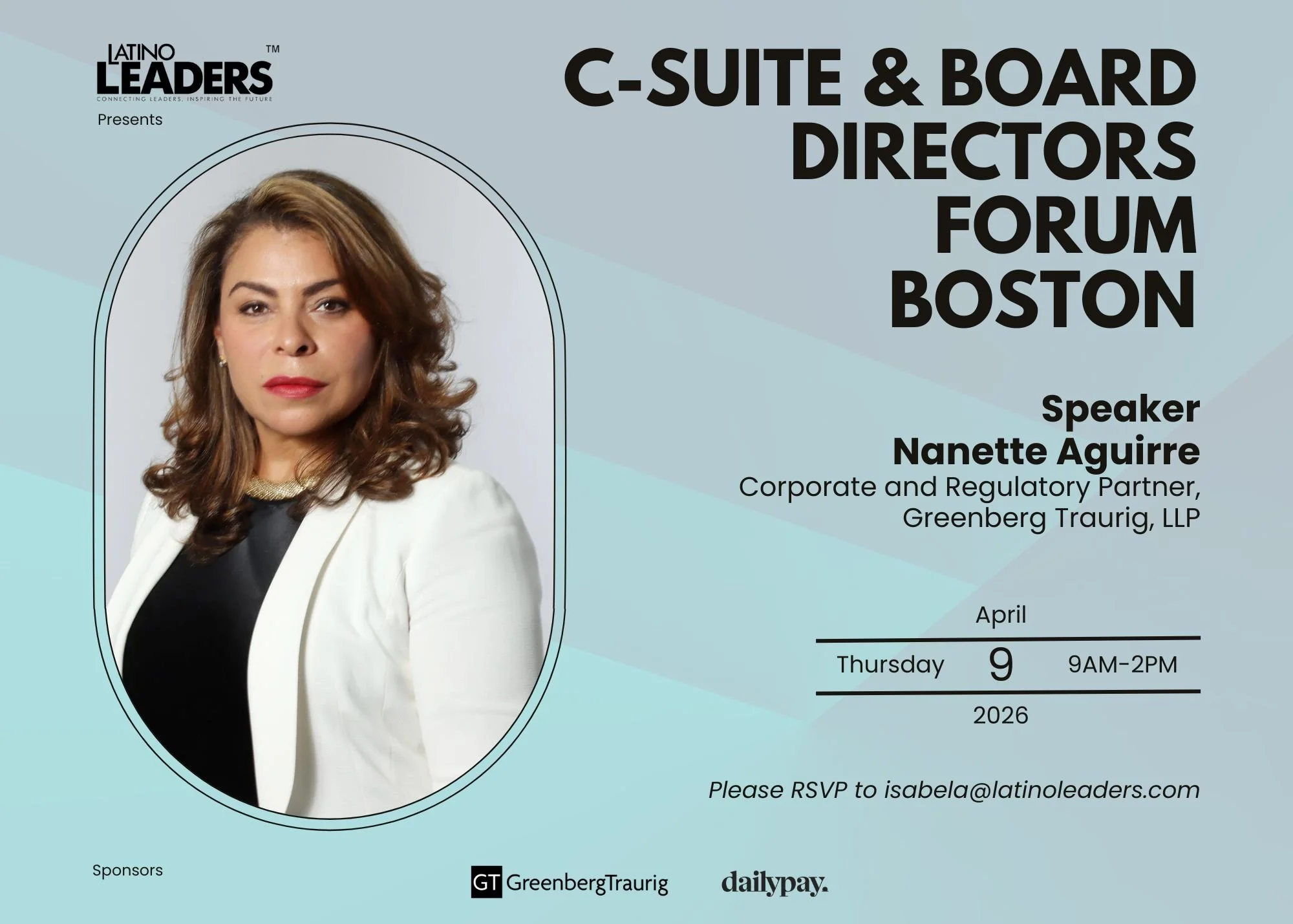 We&rsquo;re proud to welcome Nanette Aguirre as a featured speaker at the upcoming C-Suite &amp; Board Directors Forum &ndash; Boston.

A leader in private funds and alternative investments, Nanette brings deep expertise in derivatives, structured pr