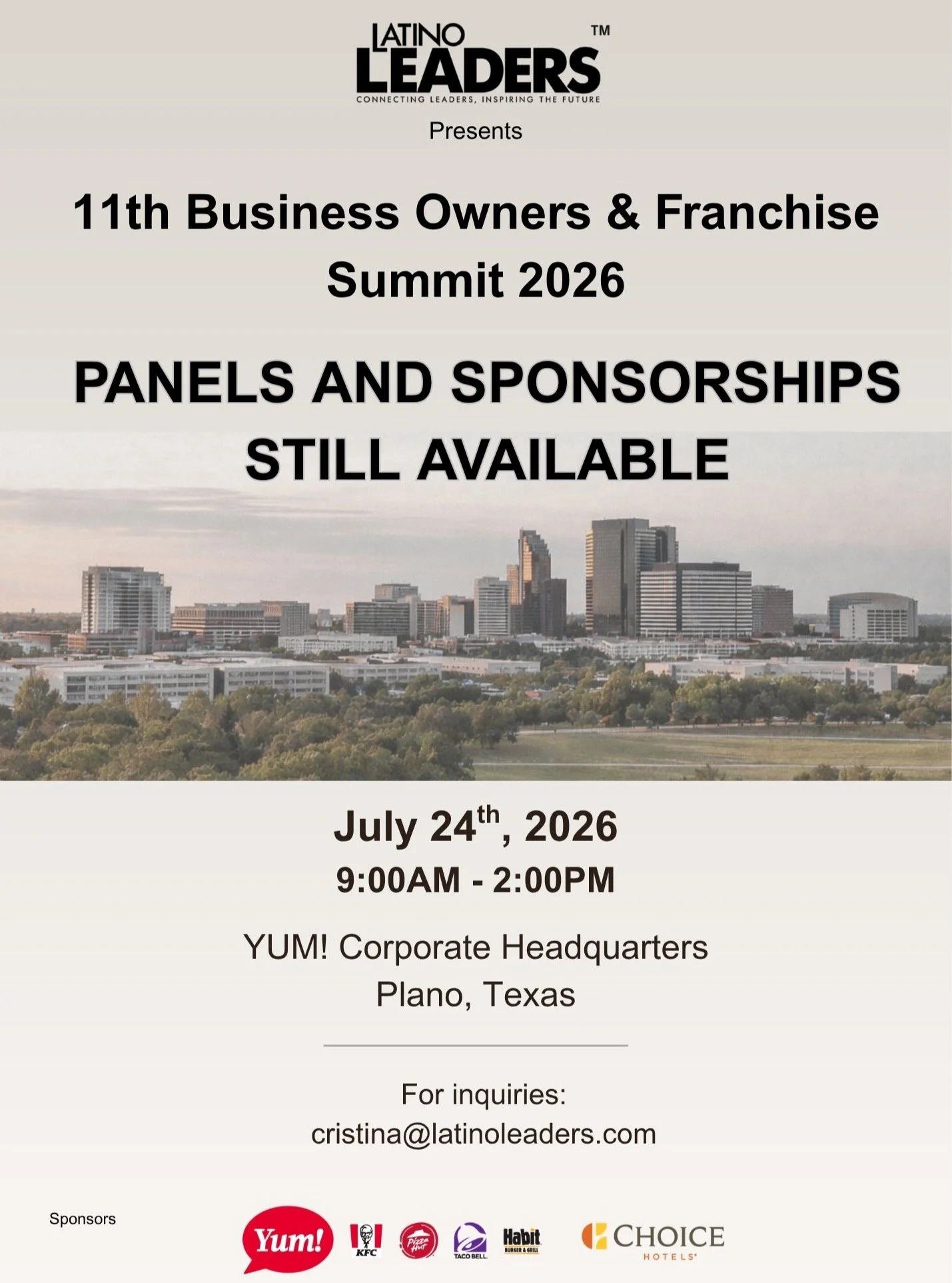 The 11th Annual Business Owners &amp; Franchise Summit returns on July 24th at the YUM! Corporate Headquarters in Plano, TX.

Business owners, entrepreneurs, investors, and industry leaders will come together for a day of insightful panels, meaningfu