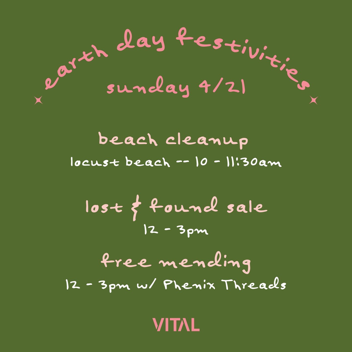 Earth Day festivities are THIS Sunday 4/21. Read below for deets ⤵

Beach Cleanup - meet at Locust Beach at 10am to pick up pesky trash, we&rsquo;ll bring trash bags and gloves! (It may rain - please dress accordingly)

Lost &amp; Found Sale - items 