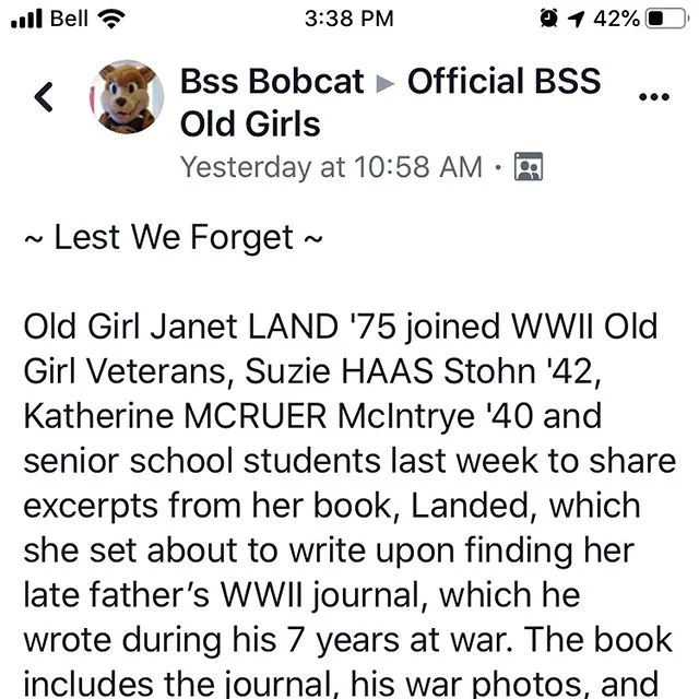 So honoured to share Bill Land&rsquo;s WWII journal entries,
from my book LANDED.
at BSS Remembrance  Day Service.