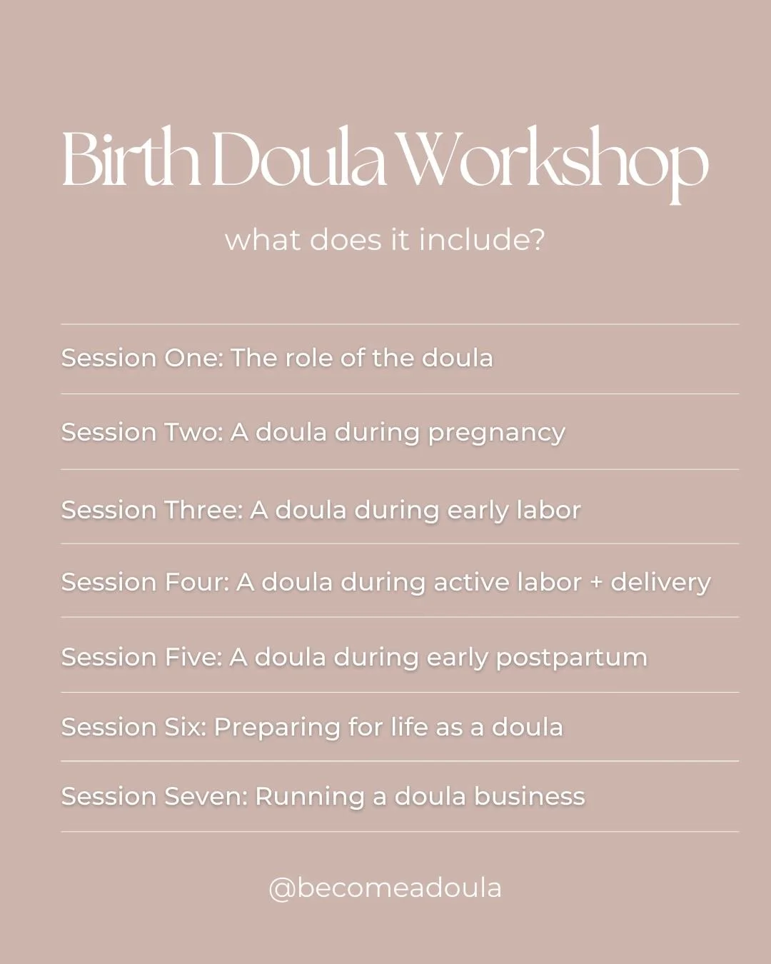 Wondering what we will cover in our upcoming birth doula workshop?

Here is a snapshot look at our topics we will cover.

Session 6 &amp; 7 are hands on skills and simulations.

Have you gotten your spot yet? Be sure to visit the link in our bio to s