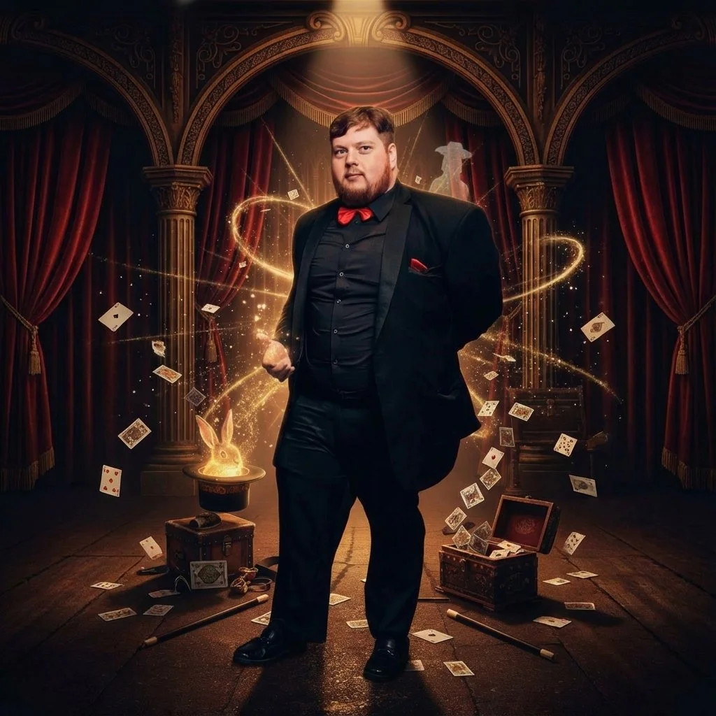 Professional close-up magician performing card tricks at Magic Castle with playing cards and magic props in Orange County California