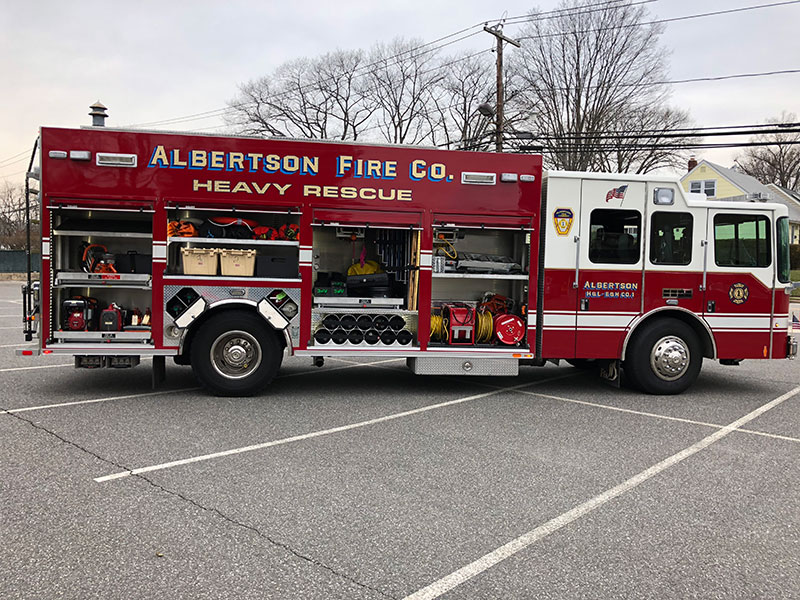 Rescue 807 is a 2009 Ferrara Fire Apparatus custom heavy rescue. It responds second due to all building fires, motor vehicle accidents, and EMS calls. 807 carries spare breathing air bottles, high angle rescue equipment, cribbing, a stokes basket for transporting injured persons across rugged terrain, as well as medical equipment, and the equipment for the fire-police unit.