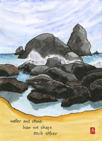 “water and stone” is 11×14, painted with sumi ink and Japanese watercolors on paper. Signed prints are available for $35. © 2015 Annette Makino