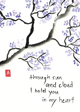 “through sun and cloud” is 5×7, painted with sumi ink and Japanese watercolors on textured paper. It is also available as a print or card.